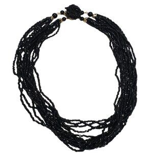 Signed Necklace Art Deco Black Glass SEED Beads Strands Japan 18 In Vintage Scar